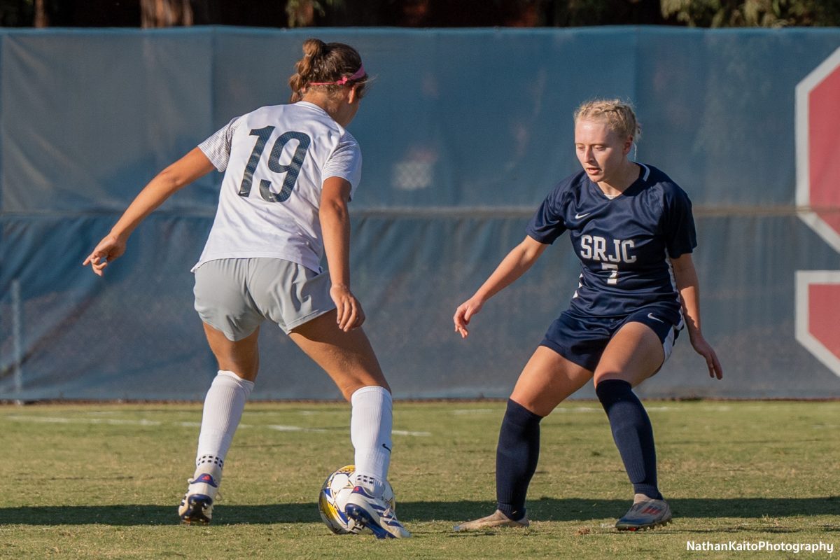 Bear Cubs’ midfielder/forward Paige Tauscher defends against Cosumnes River forward Mia Perez at home on Tuesday, Oct. 29, 2024.