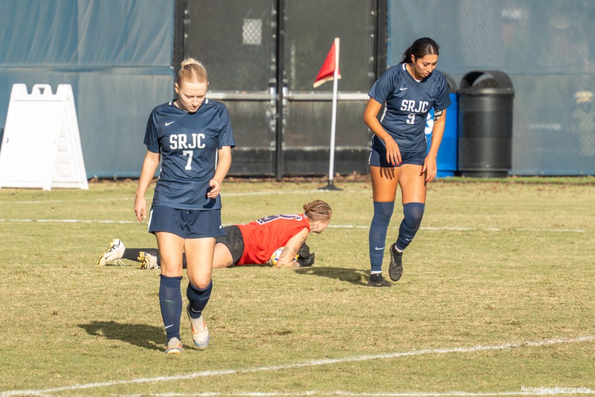 Bear Cubs’ goalkeeper Dorothy Nickel smothers the ball to waste time in the final stages of the match against Skyline College at home on Nov. 23, 2024