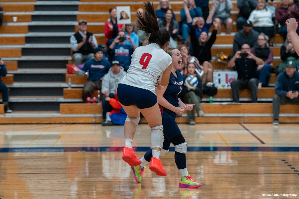 Bear Cubs’ Stephanie Melendez jumps for joy and celebrates with Jaiden Brooner against San Joaquin Delta at Haehl Pavilion on Friday, Nov. 15, 2024.