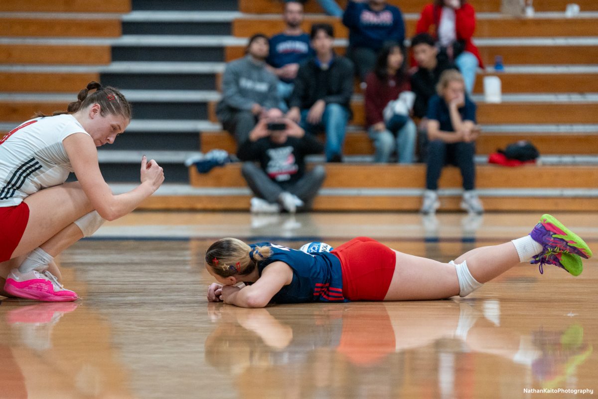 Santa Rosa’s outside hitter Katie Brenninger, left, and defensive specialist Jaiden Brooner, right, look at each other after conceding a point against Sacramento City College at Haehl Pavilion on Friday, Nov. 1, 2024.