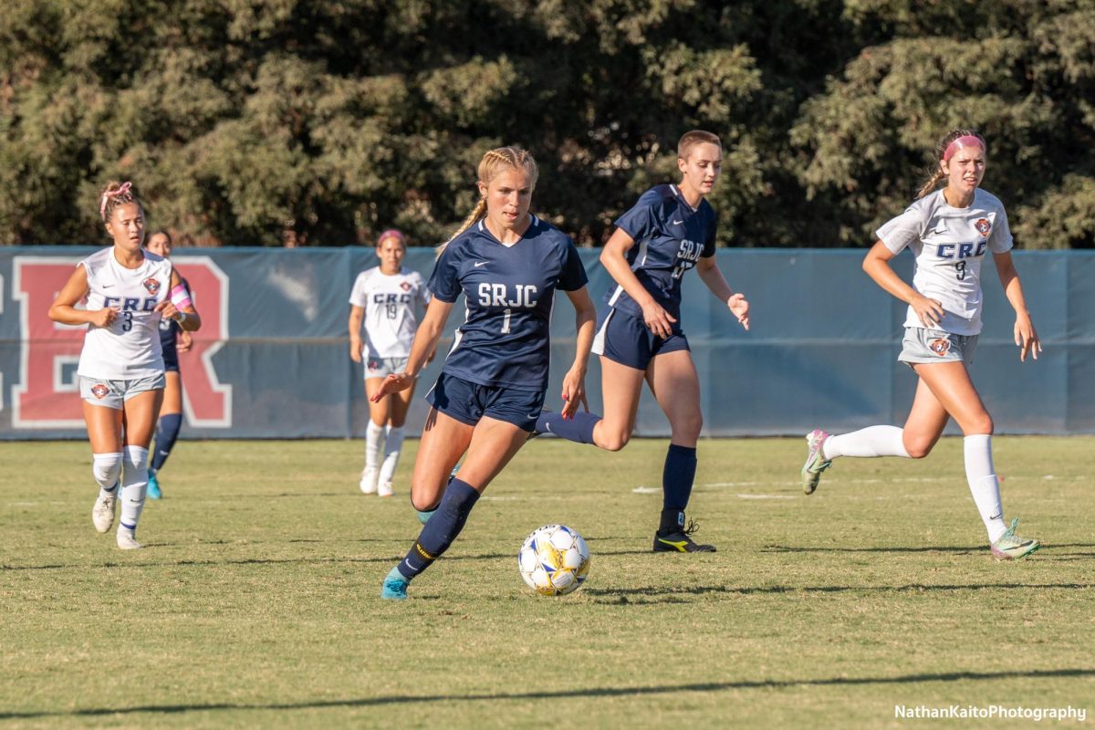 Bear Cubs’ forward Katie Curran surges forward with defender Taylor Sittner in support against Cosumnes River at home on Tuesday, Oct. 29, 2024.