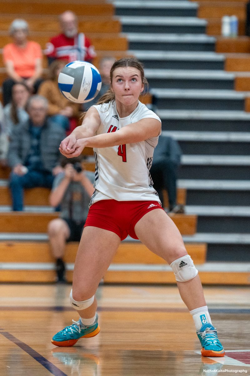 Bear Cubs’ outside hitter Madison Shaw bumps the ball as the team fights on against Sacramento City College at Haehl Pavilion on Friday, Nov. 1, 2024.