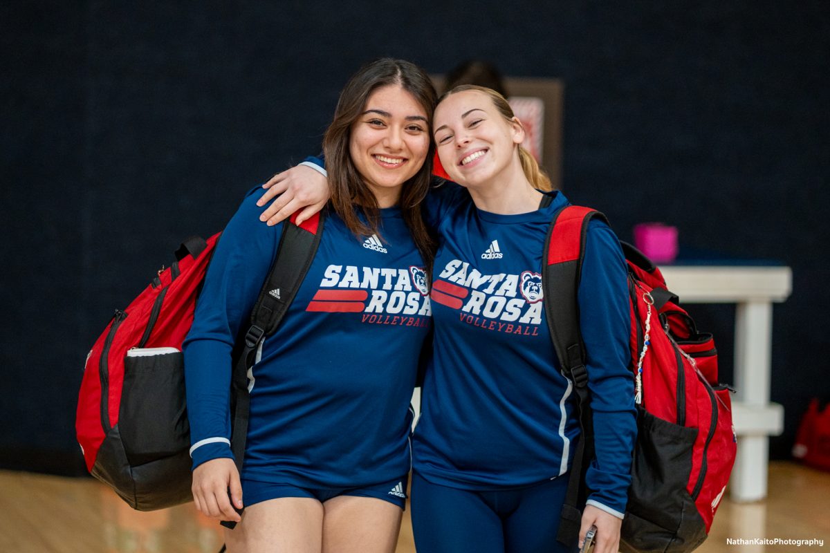 Santa Rosa’s Stephanie Melendez and Jaiden Brooner arrive at Haehl Pavilion before their game against San Joaquin Delta on Friday, Nov. 15, 2024.