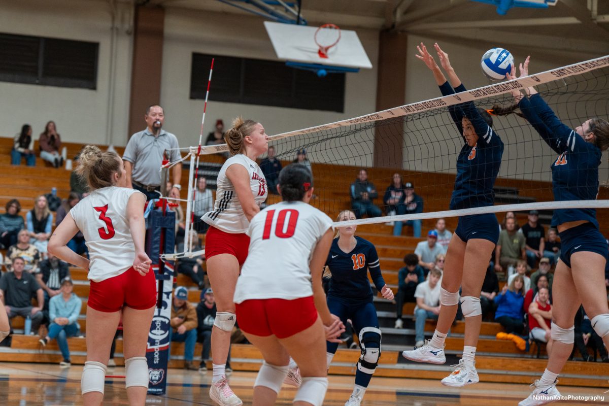 Bear Cubs’ middle blocker Sarah Thornton lands after hitting a powerful spike against the College of the Sequoias at Haehl Pavilion on Nov. 23rd, 2024. 