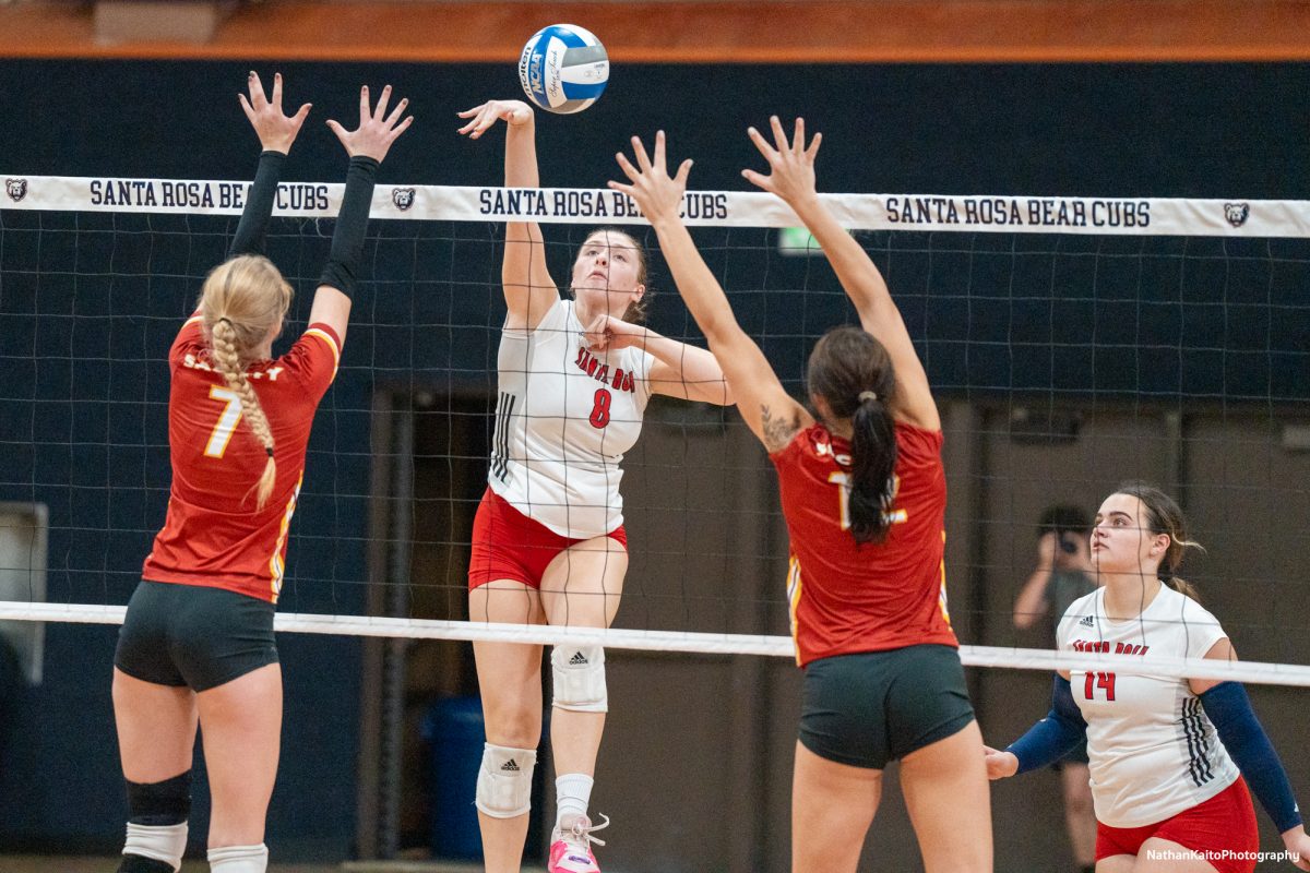 Bear Cubs’ outside hitter Katie Brenninger spikes the ball as the Bear Cubs look to build on their performance against Sacramento City College at Haehl Pavilion on Friday, Nov. 1, 2024. 