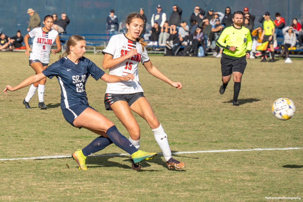 Santa Rosa’s Kaitlyn Seawright whips in a cross as they look to build on their advantage against Skyline College at home on Nov. 23, 2024