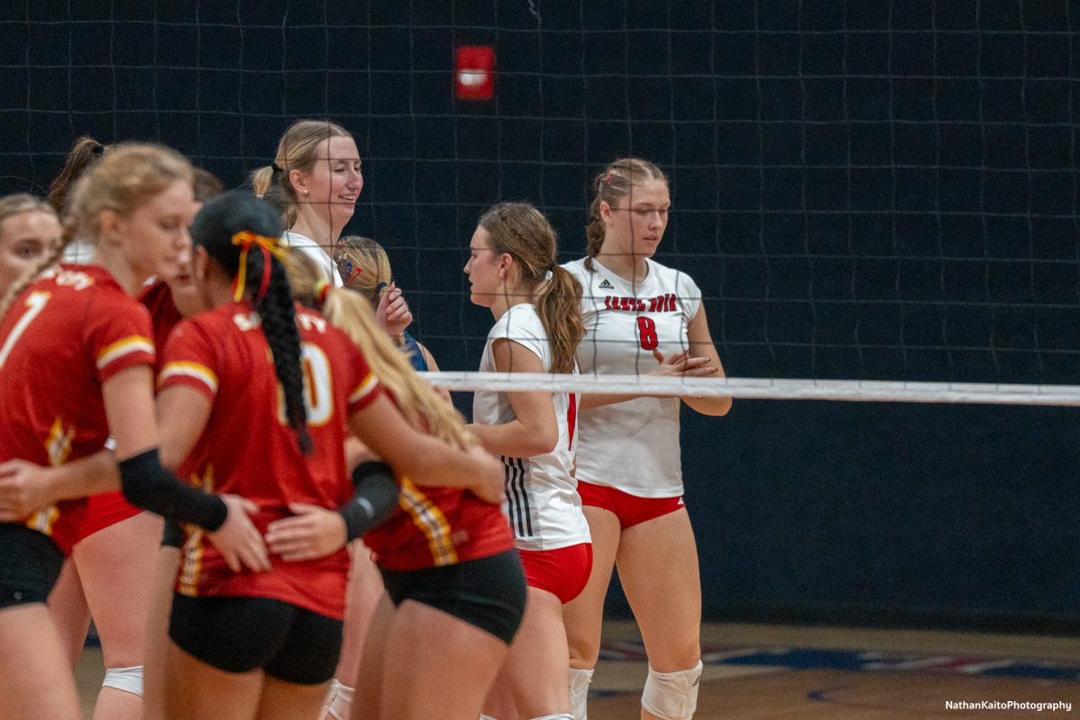 The Bear Cubs regroup after an intense rally against Sacramento City College at Haehl Pavilion on Friday, Nov. 1, 2024.