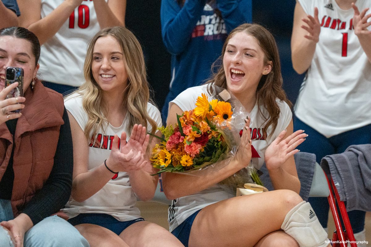 Santa Rosa’s Sierra Yates-Bruch and Katie Brenninger celebrates their fellow sophomores prior to their game against San Joaquin Delta on Friday, Nov. 15, 2024