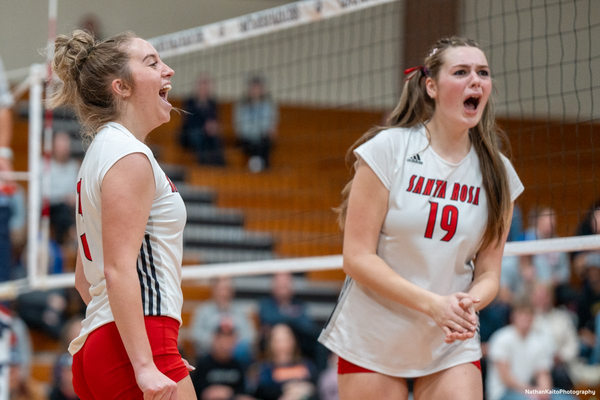 Bear Cubs’ setter Sierra Yates-Bruch and middle blocker Eve Mendoza loudly celebrate a point against the College of the Sequoias at Haehl Pavilion on Nov. 23rd, 2024. 