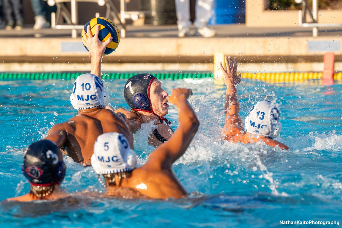 Santa Rosa’s sophomore and utility Cole Morris rises high for a pass against Modesto on Wednesday, Oct. 30, 2024. 