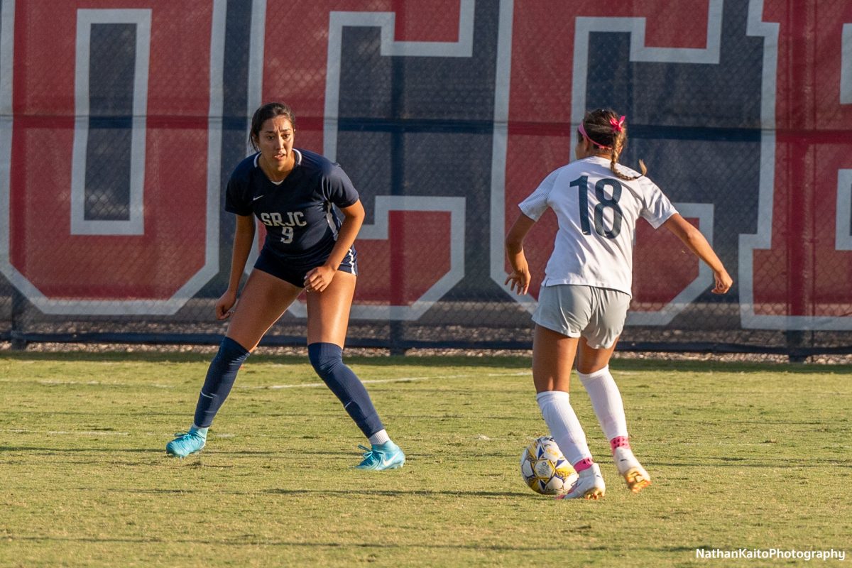 Santa Rosa’s defender Jocelyn Rojas-Garfias squares up with Cosumnes River midfielder Isabella Ramos at home on Tuesday, Oct. 29, 2024. 