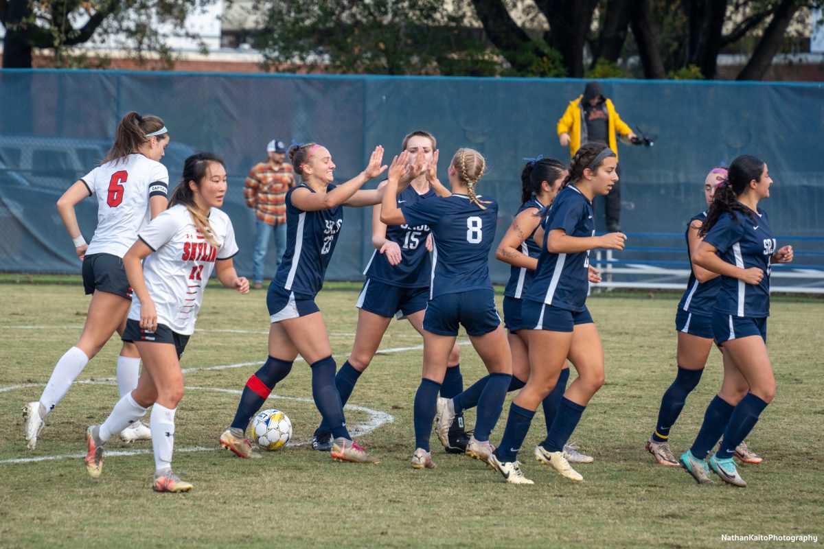 The Bear Cubs’ celebrate the team’s and forward Shae Dougherty’s second goal against Skyline College at home on Nov. 23, 2024