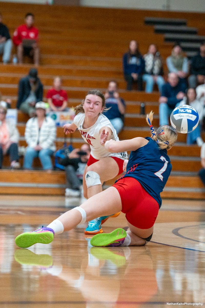 Bear Cubs’ outside hitter Madison Shaw, left, and defensive specialist Jaiden Brooner, right, misses the ball, conceding a point against Sacramento City College at Haehl Pavilion on Friday, Nov. 1, 2024.