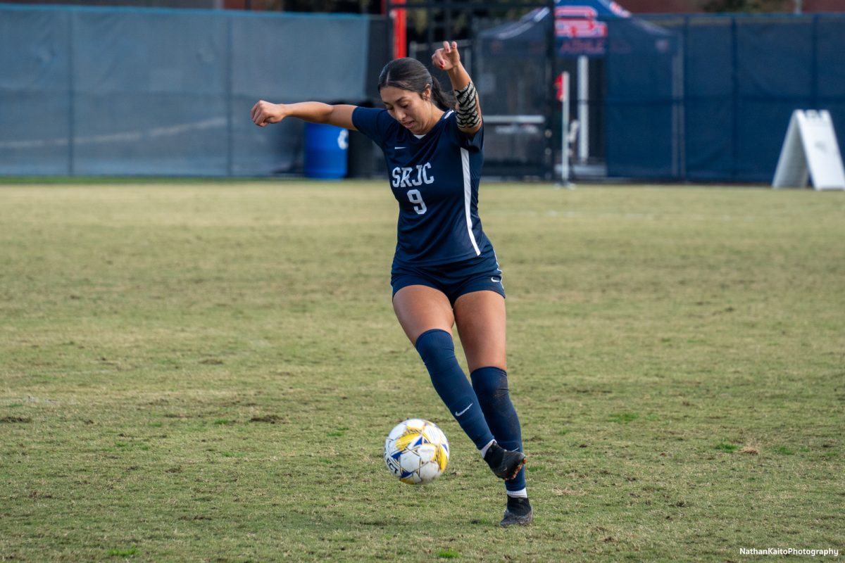 Santa Rosa’s defender Jocelyn Rojas-Garfias controls the ball against Skyline College at home on Nov. 23, 2024