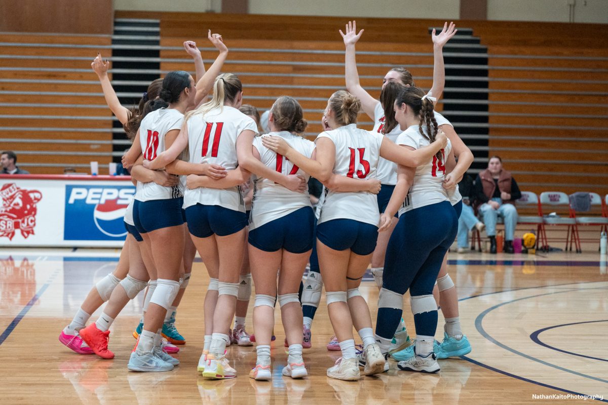 The Bear Cubs huddle and hype each other up before their match against San Joaquin Delta on Friday, Nov. 15, 2024.