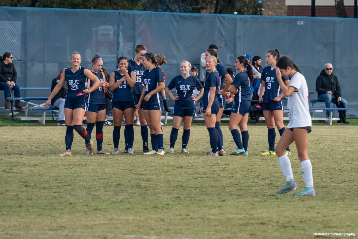 The Bear Cubs’ in high spirits during a break in play after the second goal against Skyline College at home on Nov. 23, 2024