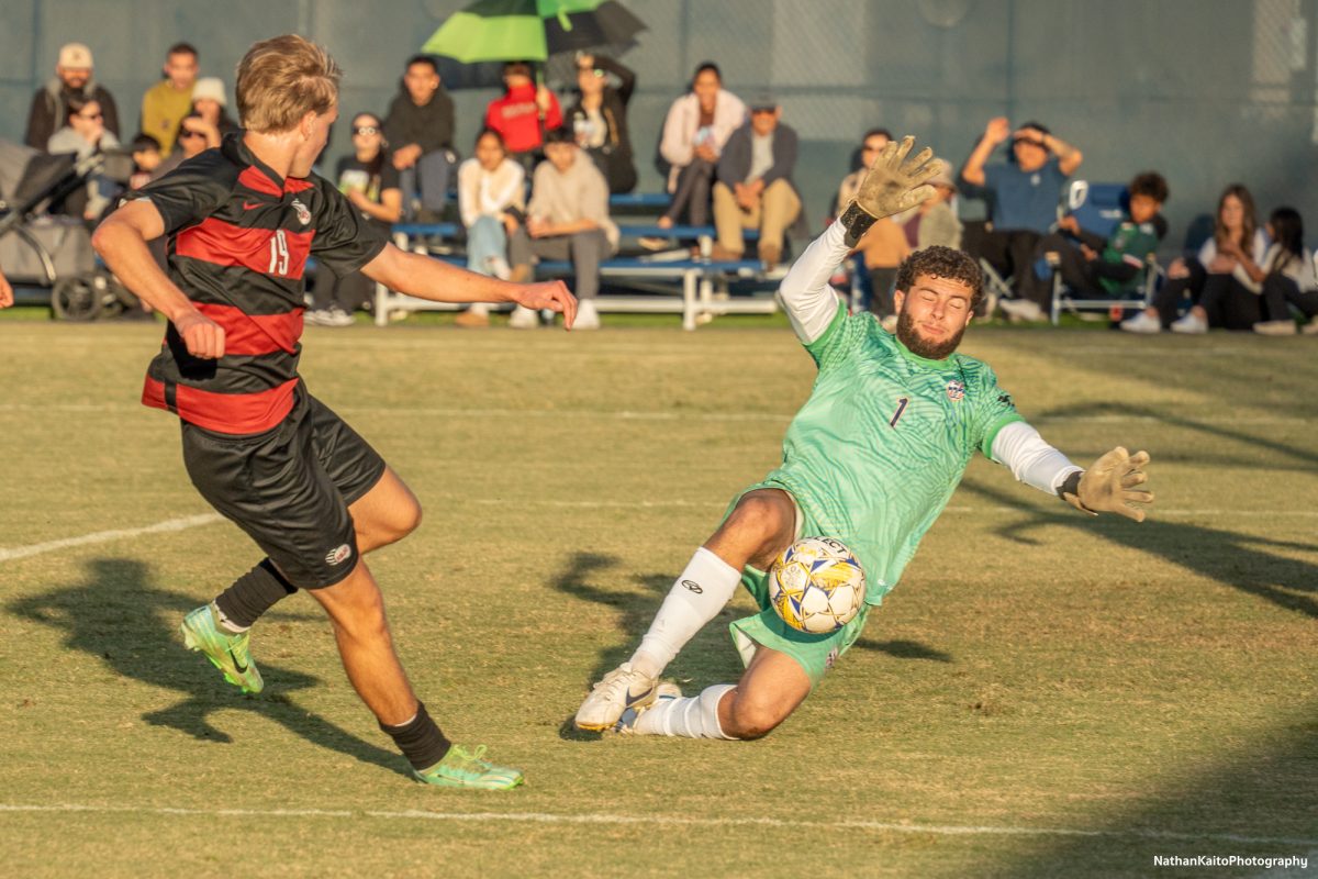 Bear Cub’s midfielder Anton Berglund has his shot saved at close range by Nicholas Molinari at home against Cosumnes River on Tuesday, Nov. 12, 2024.