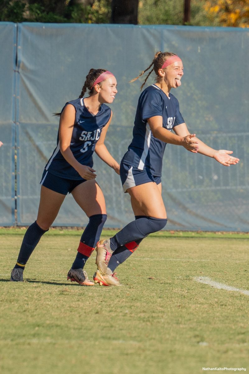 Santa Rosa's forward, Shae Dougherty wheels away in celebration, closely followed by Olivia Hohnstein at home against Modesto on Friday, Nov. 8th, 2024