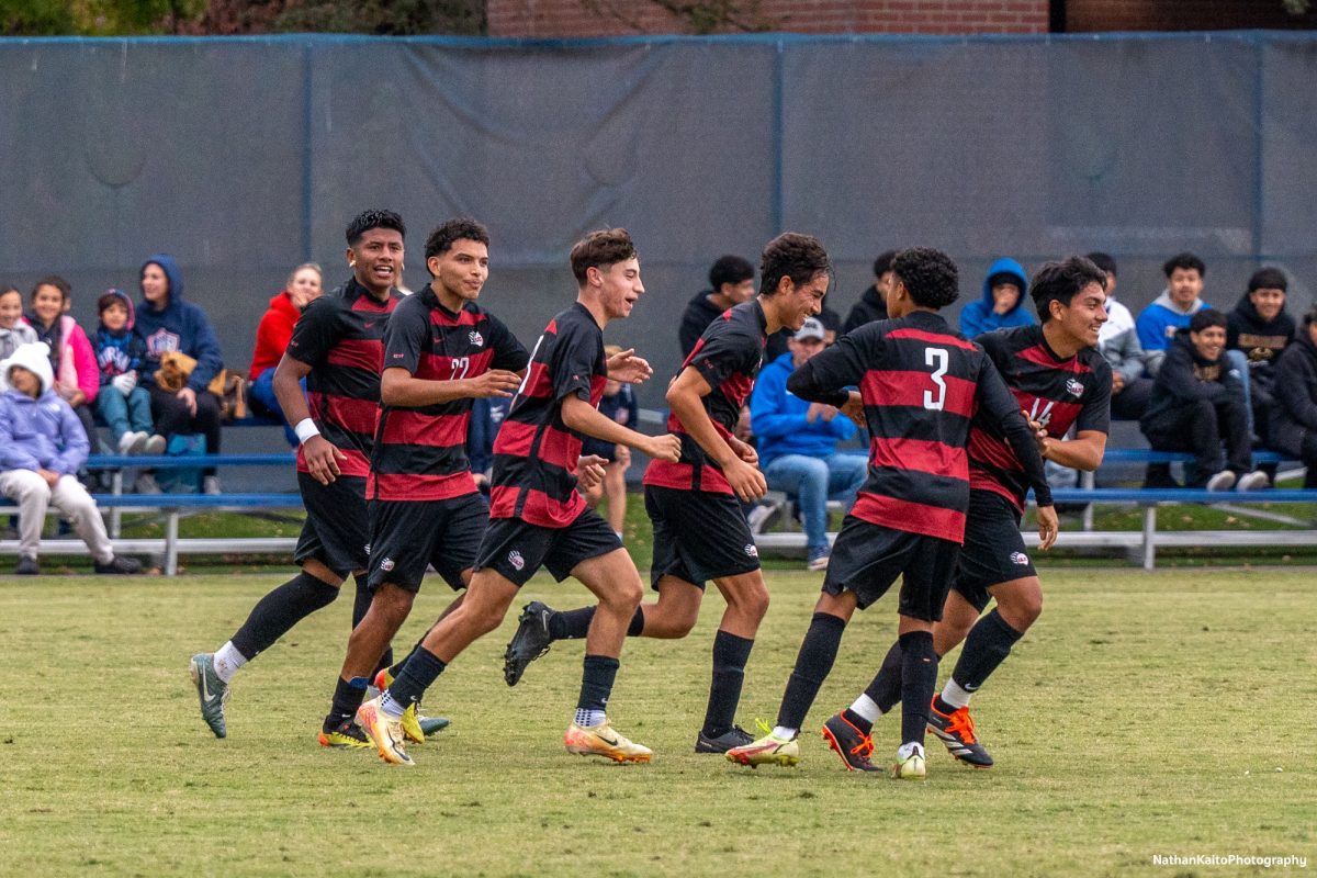 The Bear Cubs celebrates defender Jordy Diaz’s goal, which doubled their advantage against San Joaquin Delta at Sypher Soccer Field on Friday, Nov. 1st, 2024