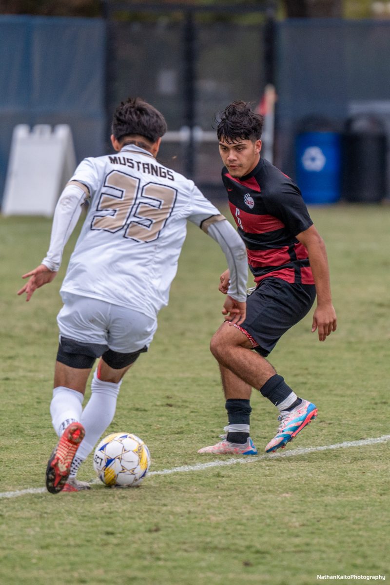 Santa Rosa’s midfielder Dominic Sanchez squares up against midfielder Gallegos Juan against San Joaquin Delta at Sypher Soccer Field on Friday, Nov. 1st, 2024