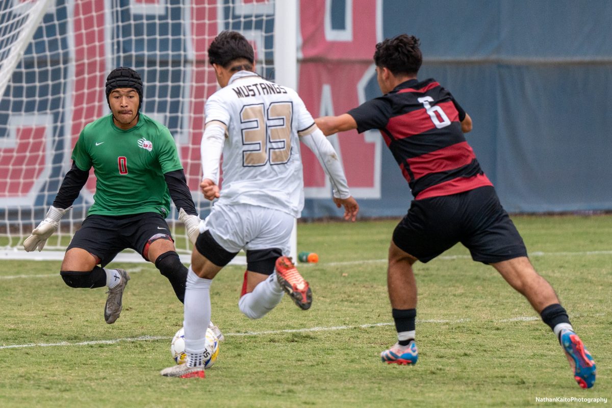 Bear Cubs’ goalkeeper Abel Calvillo comes forward to smother a shot against San Joaquin Delta at Sypher Soccer Field on Friday, Nov. 1st, 2024