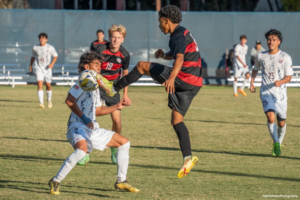 Santa Rosa’s defender Raffino Landford has an acrobatic effort on goal blocked at home against Cosumnes River on Tuesday, Nov. 12, 2024. 