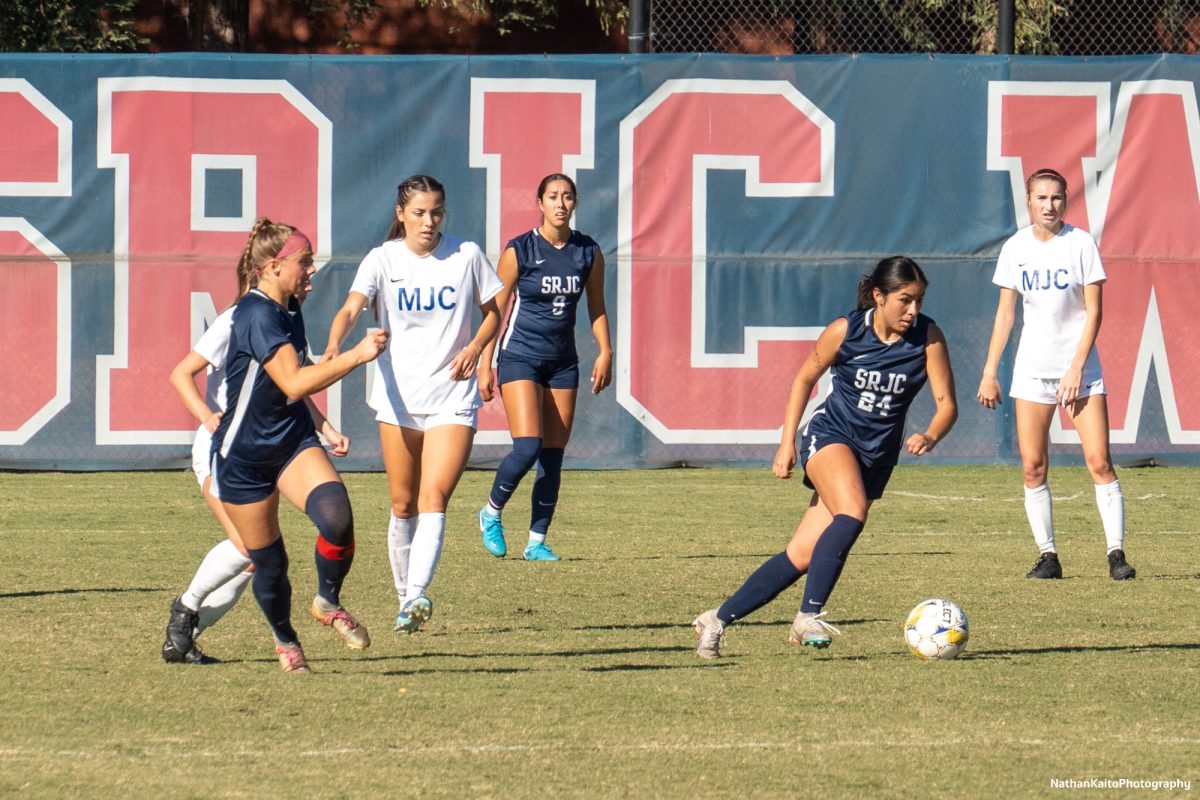 Bear Cubs' midfielder Ashley Vigil progresses the ball forward as they look to open the score at home against Modesto on Friday, Nov. 8th, 2024