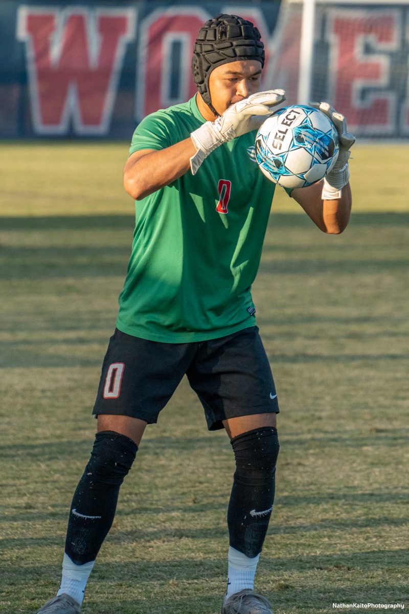 Santa Rosa’s goalkeeper Abel Calvillo handles the ball during halftime at home against Cosumnes River on Tuesday, Nov. 12, 2024. 