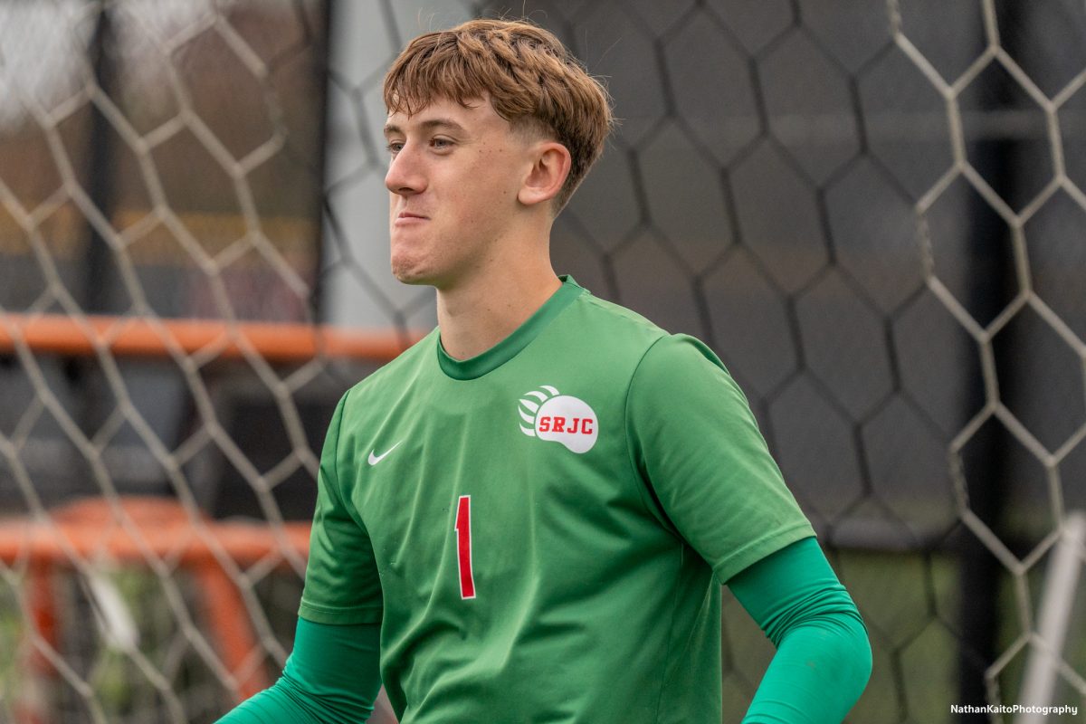 Bear Cubs’ goalkeeper Jack Murdoch warms up before being called into action following Calvillo’s red card against San Joaquin Delta at Sypher Soccer Field on Friday, Nov. 1st, 2024