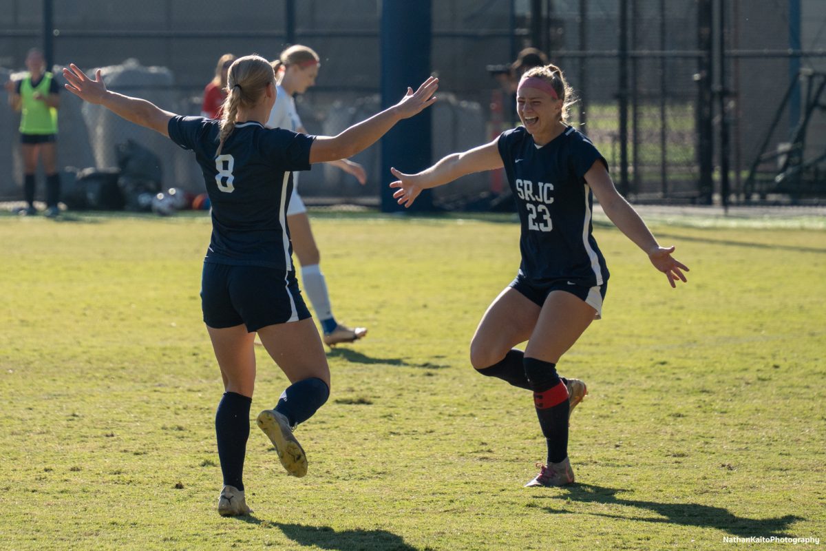 Santa Rosa's forwards, Taylor Gandy and Shae Dougherty celebrates Gandy's near post finish at home against Modesto on Friday, Nov. 8th, 2024