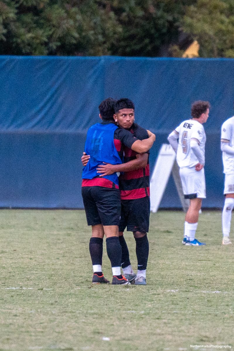 Santa Rosa’s goal scorers Kleber Maldonado and Jordy Diaz in embrace after the full-time whistle against San Joaquin Delta at Sypher Soccer Field on Friday, Nov. 1st, 2024