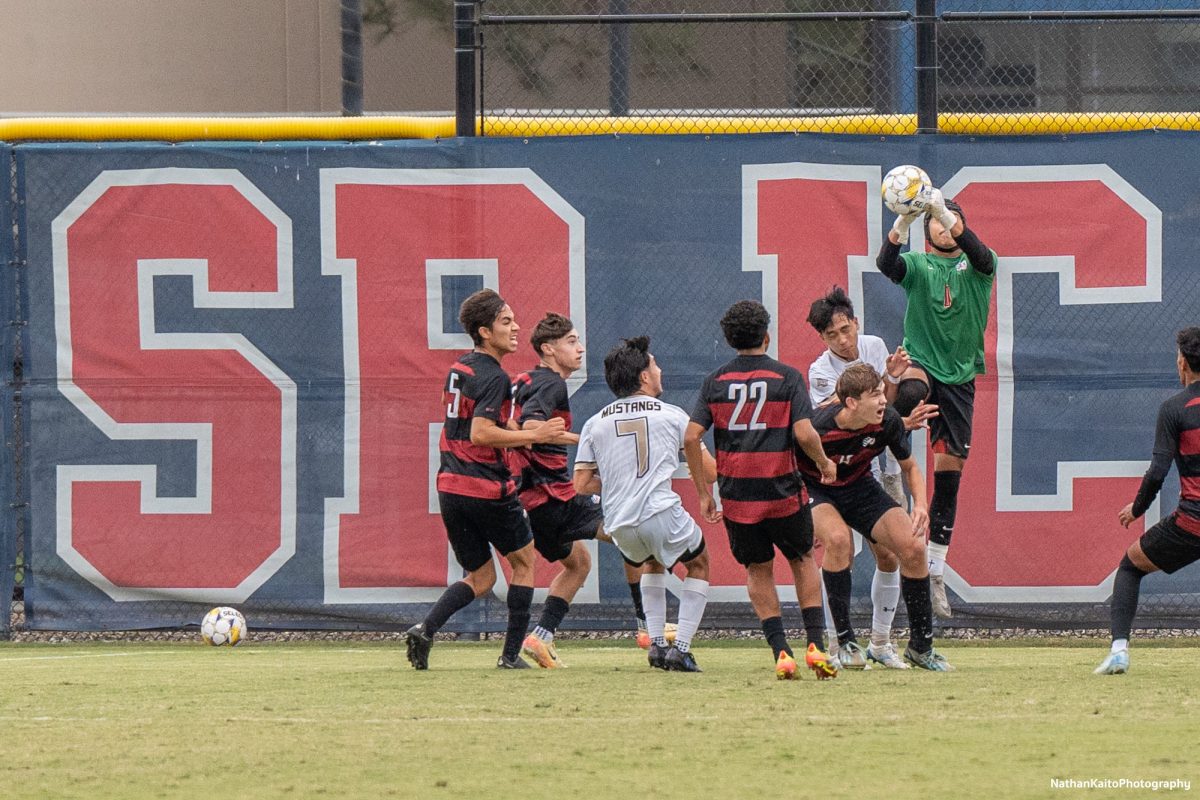 Santa Rosa’s goalkeeper Abel Calvillo rises high to claim a cross against San Joaquin Delta at Sypher Soccer Field on Friday, Nov. 1st, 2024