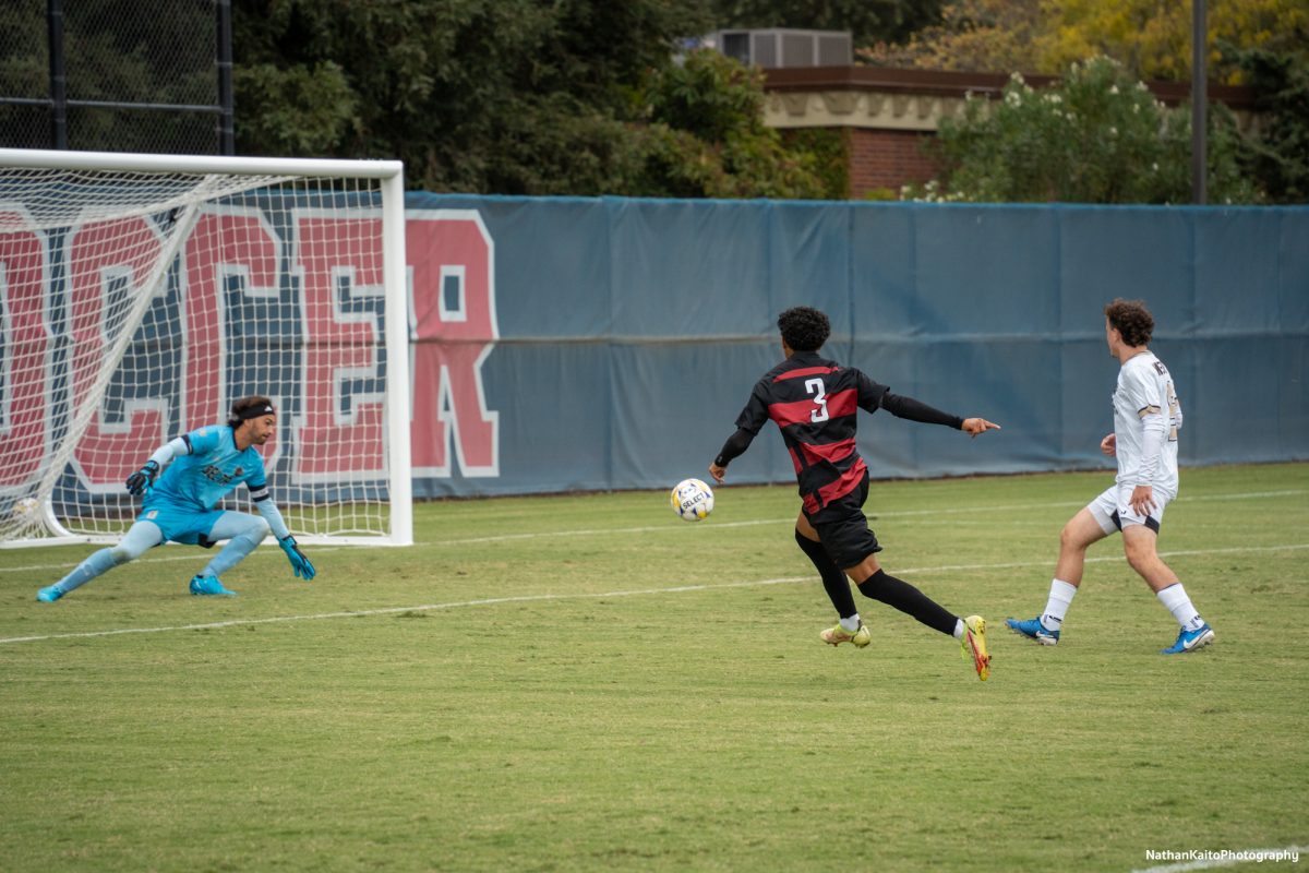 Bear Cubs’ defender Raffino Landford places his shot wide of the target against San Joaquin Delta at Sypher Soccer Field on Friday, Nov. 1st, 2024