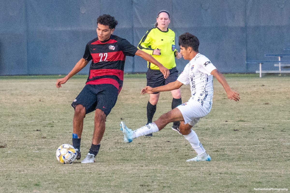 Bear Cubs’ midfielder Edgar Nunez hoofs the ball up the pitch as they look for a winner at home against Cosumnes River on Tuesday, Nov. 12, 2024. 