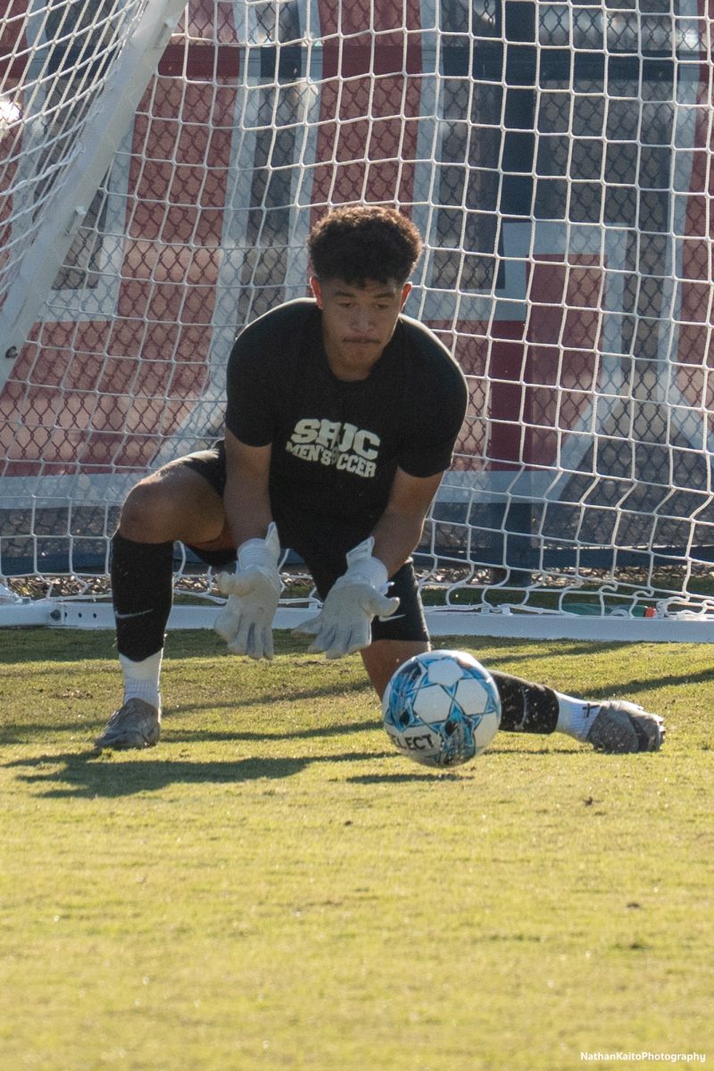 Santa Rosa’s goalkeeper Abel Calvillo makes a smart save during warm ups at home against Cosumnes River on Tuesday, Nov. 12, 2024. 