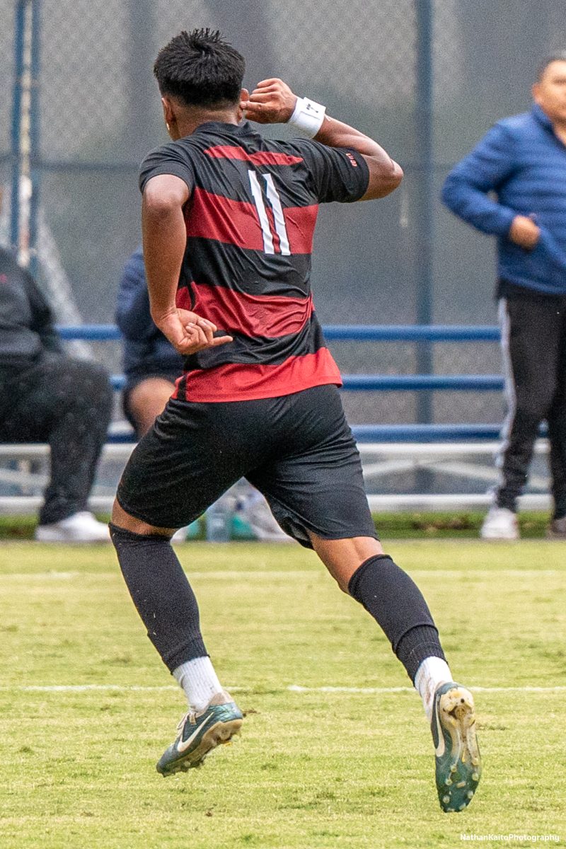 Bear Cubs’ midfielder Kleber Maldonado cups his ear in celebration after scoring the opener against San Joaquin Delta at Sypher Soccer Field on Friday, Nov. 1st, 2024