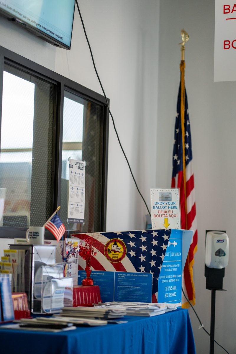 A ballot drop box and voting information on display for voters at the Registrar of Voters in Santa Rosa on Tuesday, Nov. 5th, 2024