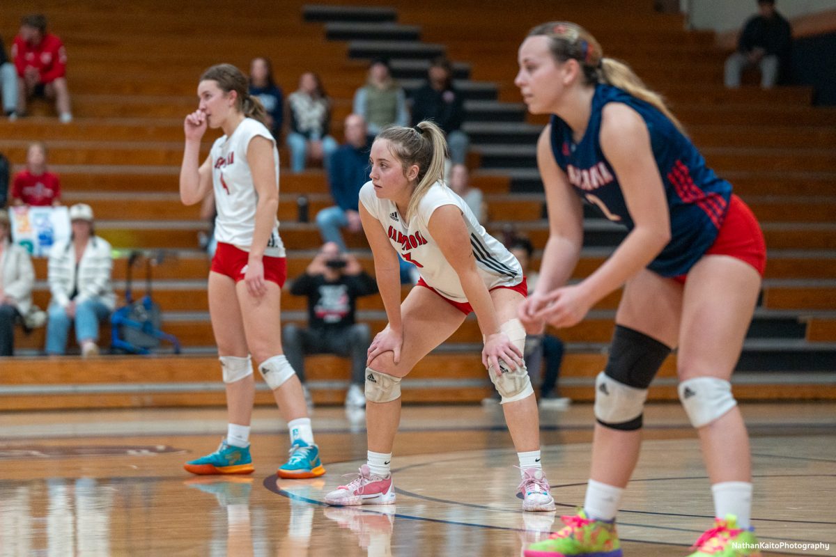 Madison Shaw, left, Sierra Yates-Bruch, center, and Jaiden Brooner, right, looks on in defeat against Sacramento City College at Haehl Pavilion on Friday, Nov. 1, 2024. 