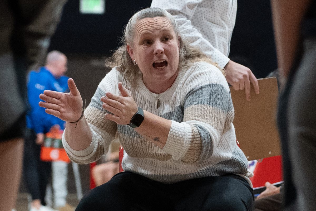 SRJC women’s basketball head coach Lacey Campbell gathers the team together prior to the fourth quarter against Solano at Haehl Pavilion on Tuesday Nov. 26, 2024.