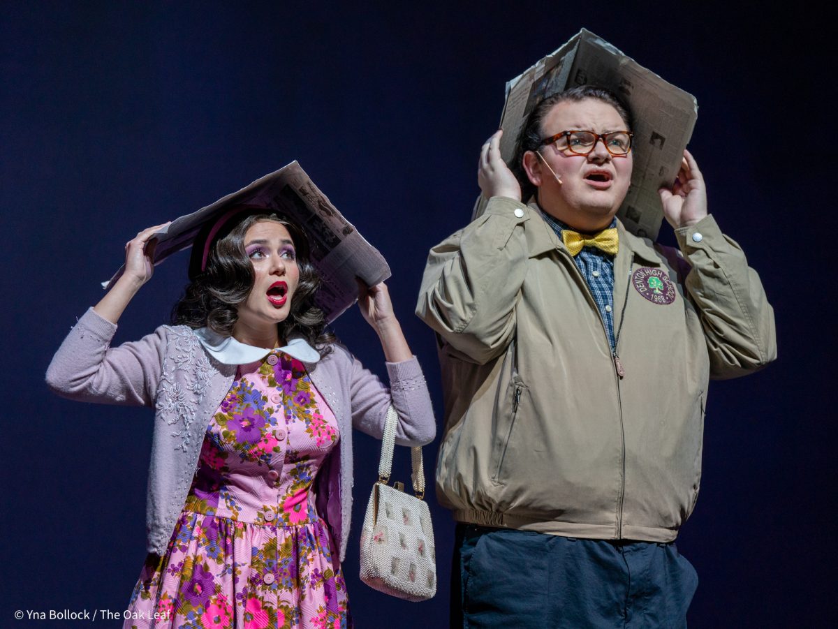 Austin Aquino-Harrison, left, as "Janet", and Aidan Pryor, right, as "Brad" in SRJC's Fall 2024 production of The Rocky Horror Show