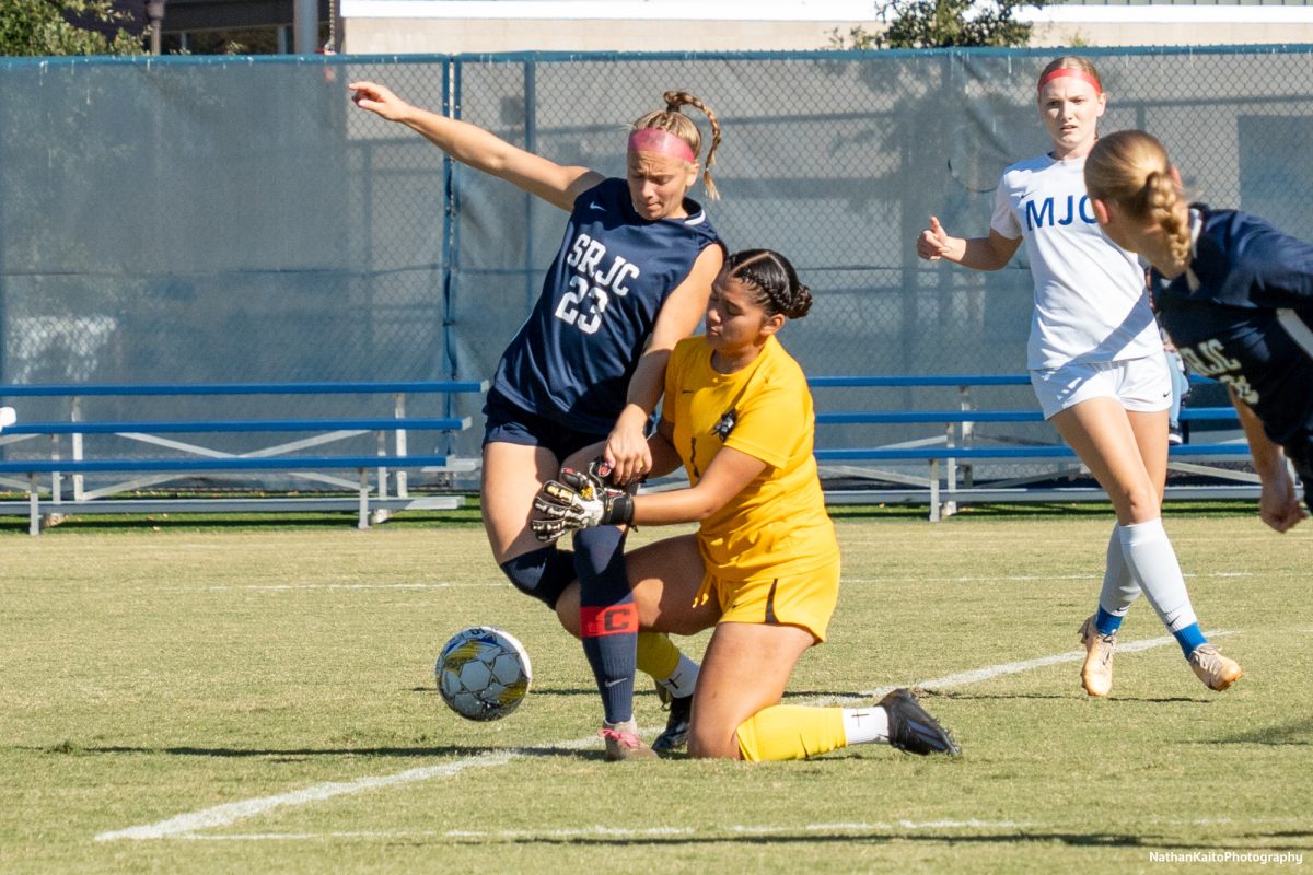 Bear Cubs' forward Shae Dougherty tries to flick the ball into the net at home against Modesto on Friday, Nov. 8th, 2024