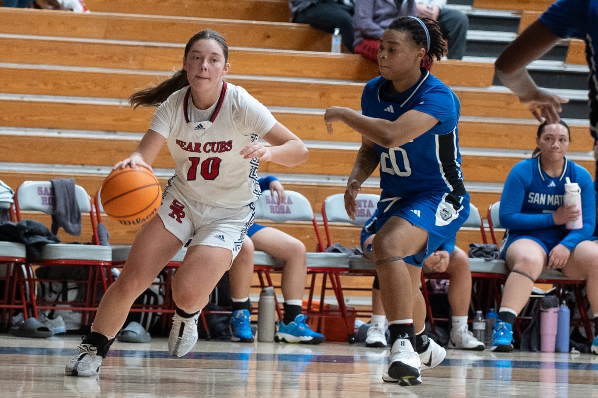 SRJC guard Shasta Vlasak races past College of San Mateo’s defense during their match at Haehl Pavilion on Friday, Dec. 6, 2024.