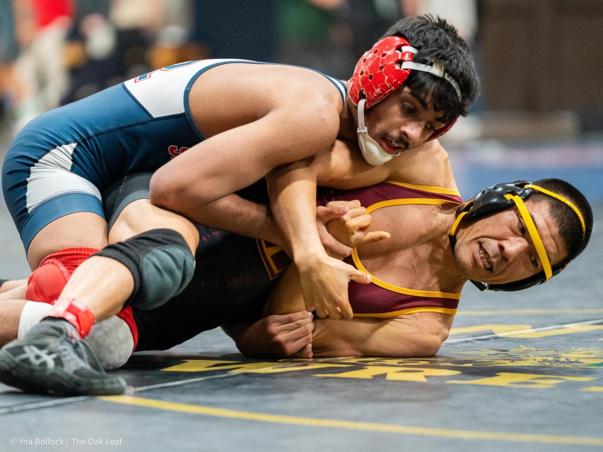 SRJC's Ali Hamzia (141) fights to pin College of the Redwoods' Chris Lee in the first match of the CCCAA Norcal Regional Championships in Haehl Pavilion on Saturday, Dec. 7.