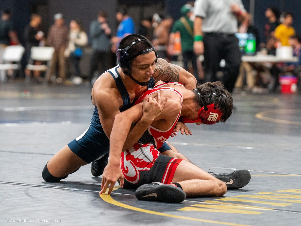 SRJC's Erickson Edpao (133) wrestles Fresno City College's Zeth Cerda in thr quarterfinals of the CCCAA Norcal Regional Championships in Haehl Pavilion on Saturday, Dec. 7.