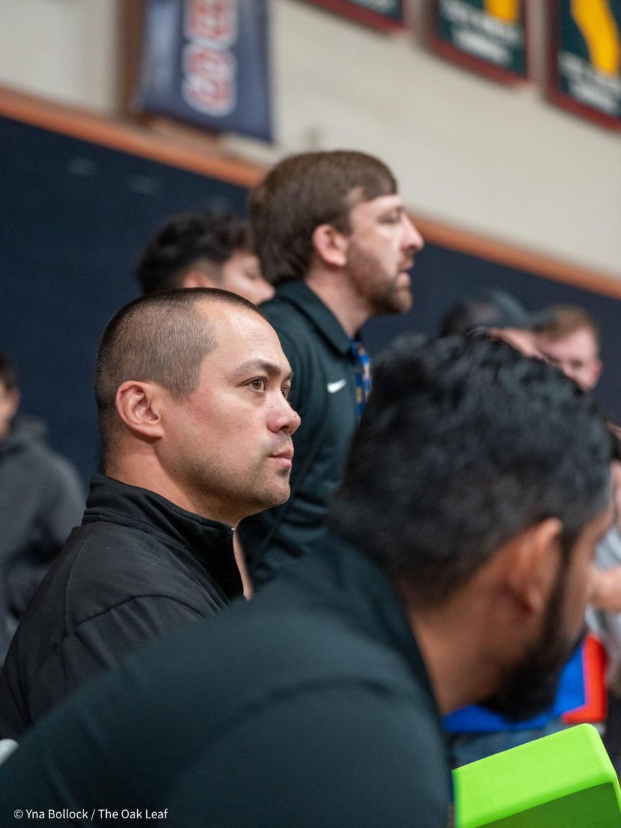 SRJC head coach Fred Duerr looks on one of his wrestlter's matches during the CCCAA Norcal Regional Championships in Haehl Pavilion on Saturday, Dec. 7.