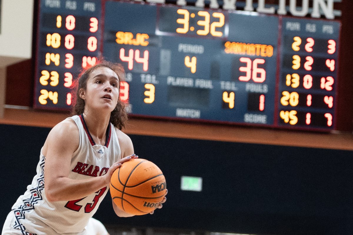 SRJC guard/forward Ivy Gonzalez attempts a free throw in the final minutes of the fourth quarter against College of San Mateo at Haehl Pavilion on Friday, Dec. 6, 2024.