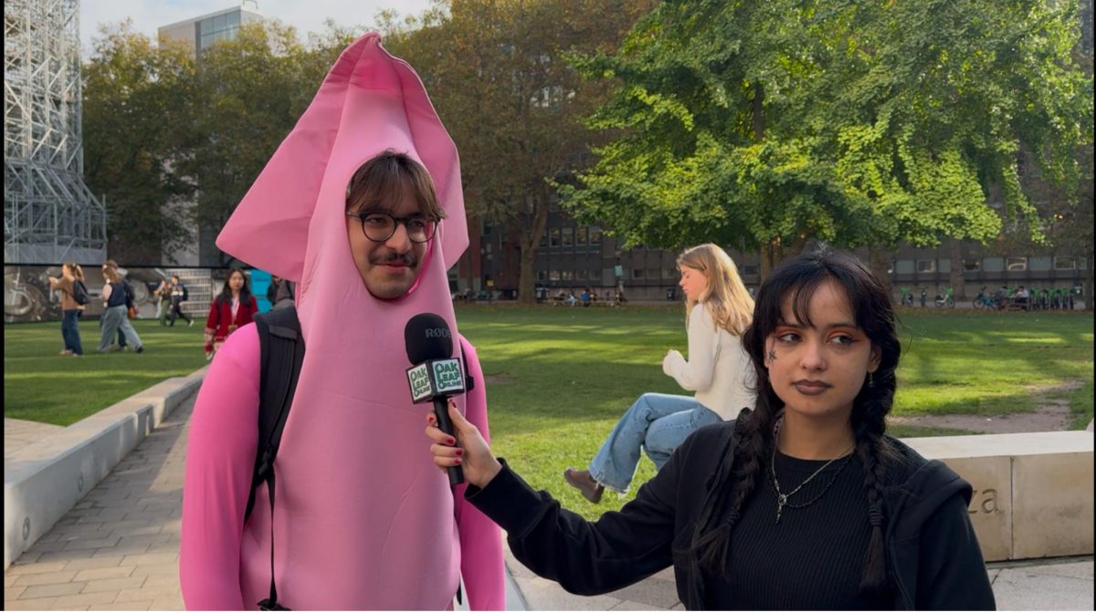 London Reporter Sabina Barrolaza interviews a student at Imperial College London on Halloween. She later recorded a seance and interviewed several plants as part of the Oak Leaf London's media package for the Oak Leaf election live stream.