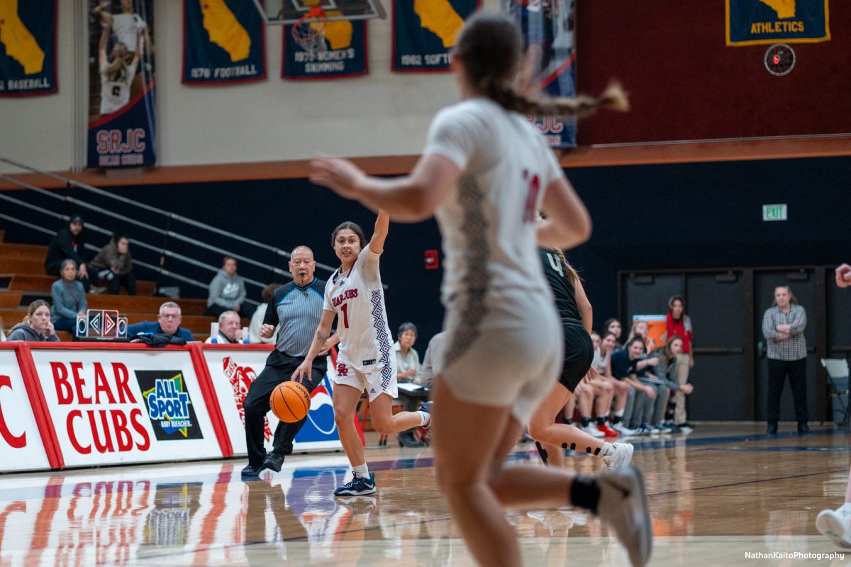 Bear Cubs’ guard Lindsey Arellano urges the team forward as she looks for a pass against Butte at Haehl Pavilion on Tuesday, Dec. 10, 2024