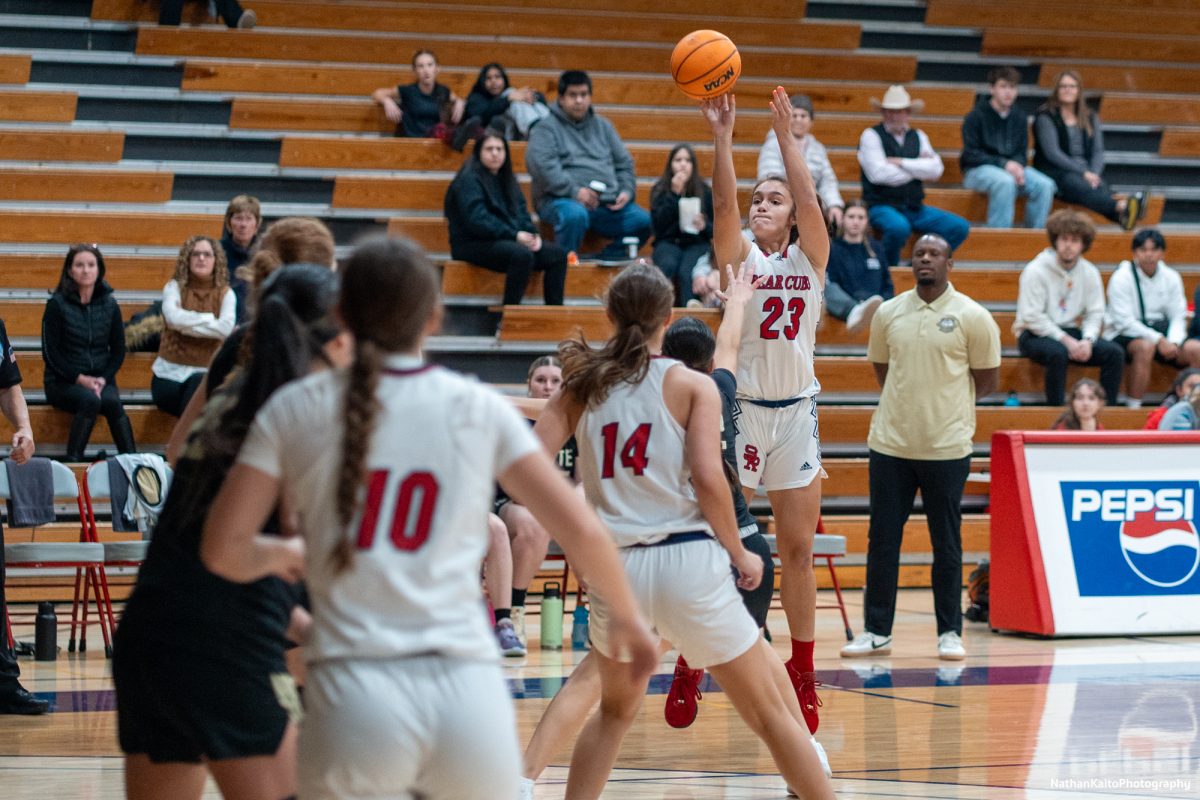 Santa Rosa’s guard/forward Ivy Gonzalez shoots a three as she rises above her marker against Butte at Haehl Pavilion on Tuesday, Dec. 10, 2024