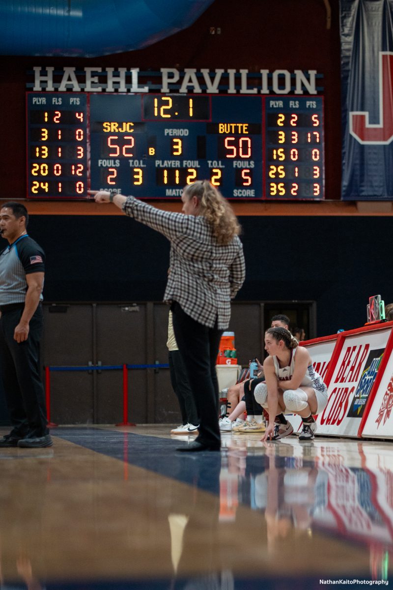 Bear Cubs’ head coach Lacey Campbell directs her team as they gain a tight leade against Butte at Haehl Pavilion on Tuesday, Dec. 10, 2024